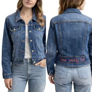 Earl Jean Blue Denim Jacket Large Cropped Rhinestone Embroidered Y2K Custom